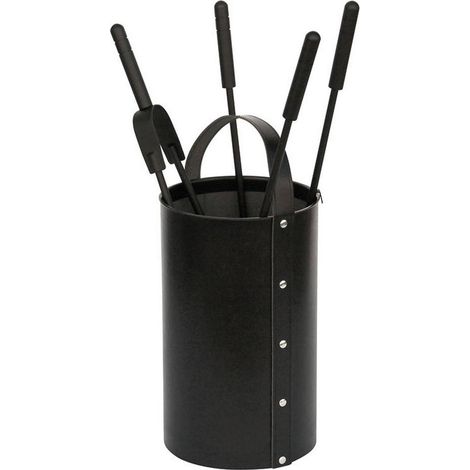 Porta attrezzi camino tondo ecopelle nera 4 accessori h.62 d. 21 cm.  Made in Italy