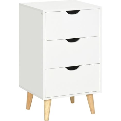 White Bedside Table with 3 Drawers,Small Nightstand with Wooden Legs and Cut-out Handles for Bedroom Storage and Organization
