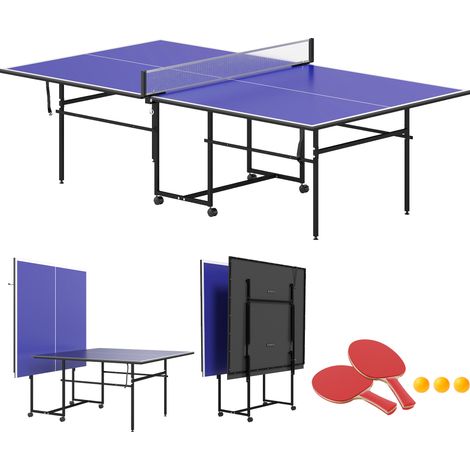 9FT Folding Table Tennis Table with Four Wheels, for Indoor Use, Blue