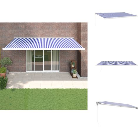 Auvent rétractable bleu et blanc 5x3 m tissu et aluminium - Auvent Retractable - Store Banne - Parasol - Abri Solaire - Protection Solaire (1/5)