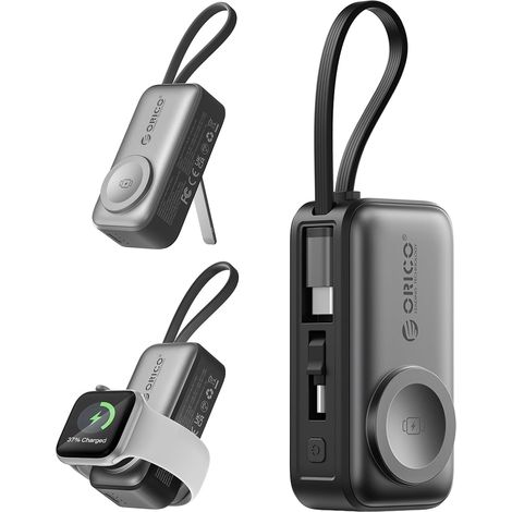 Mini Power Bank 5000mAh, Batterie Externe Rapide PD 22,5W avec Connecteur USB-C Pliable et Câble USB-C intégré, Chargeur Magnétique pour Apple Watch S11/Ultra, iPhone 16 15 14, Noir (1/5)