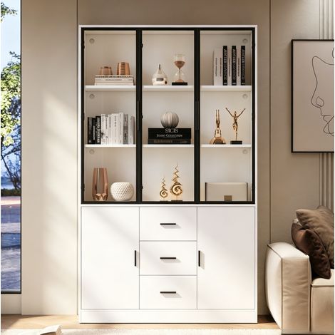 LED-Vitrine, hoher weißer Schrank 120x30x200 cm, 3 Schubladen und 5 Türen, OKWISH (1/5)