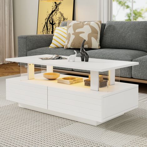 Mesa de centro 100x50x42 cm blanca de acrílico con LED, 2 cajones y estante abierto (1/5)