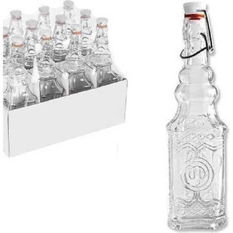 TrAdE Shop Traesio - Set 12 Pz Bottiglie In Vetro Quadrata Decorata Con Tappo Meccanico 150 Ml 108008 - (1/2)