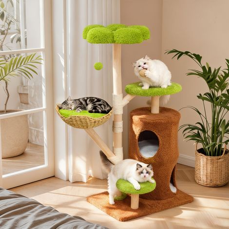 BingoPaw Large Cat Tree with Toy Comfortable Plush Cat Tower Condo Basket Scratching Post, Brown Green (1/5)