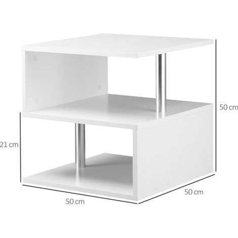 Table basse blanche, design moderne, large plateau, 2 étagères, forme en S, structure en bois et fer, 50 x 50 x 50 cm, blanche (1/5)