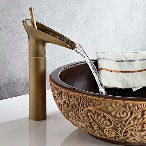 Robinet de Salle de Bains Mitigeur de Lavabo Cascade Antique à 1 Trou Robinet de Salle de Bain à Levier Unique - Grand Robinets de Lavabo (1/4)