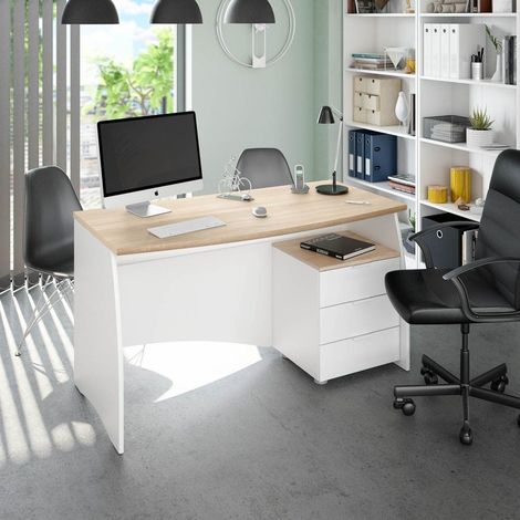 Bureau droit avec commode 3 tiroirs – Dimensions 136x67x74 cm – Panneau mélaminé résistant aux chocs – Style moderne pour petits espaces – Mirakemueble (1/10)