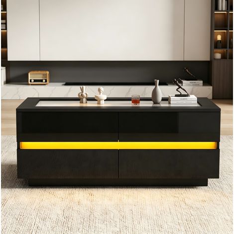 Mesa baja negra 100x50x40 cm, con 4 cajones, bandeja de vidrio templado, en tablero de partículas, estilo moderno (1/5)