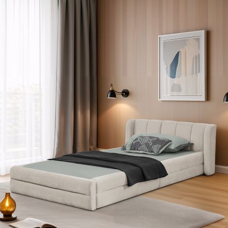 Lit une place (90 x 200 cm), tissu chenille doux pour la peau, dossier confortable, adapté aux enfants, beige (matelas non inclus) (1/5)