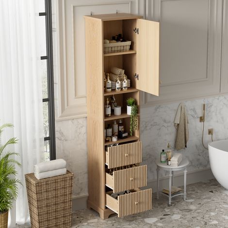 Meuble colonne de salle de bain 40 x 30 x 172 cm, panneau thermoformé PVC, motif à rayures verticales, trois tiroirs, un caisson, deux étagères ouvertes, étagères réglables, couleur bois naturel (1/5)