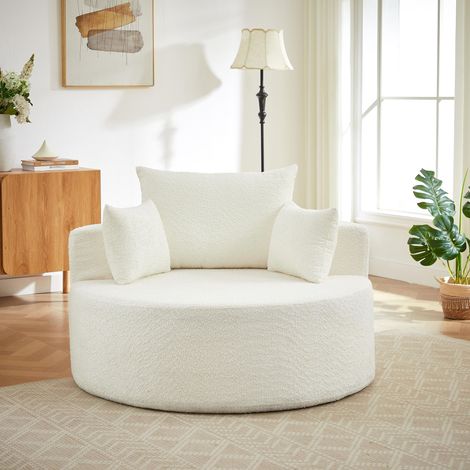 Divano, poltrona relax rotonda con cuscini, divano modulare in schiuma e ciniglia, senza montaggio, stile scandinavo per soggiorno, camera, lounge e showroom - Bianco