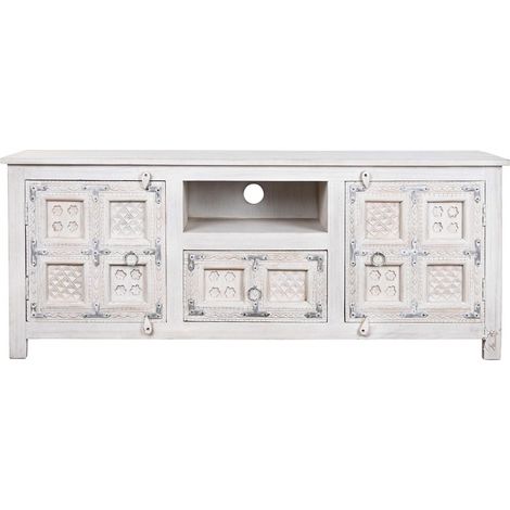 Meuble TV en bois de manguier coloris blanc vieilli - Longueur 151 x Profondeur 40 x hauteur 60 cm -PEGANE- (1/5)