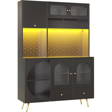 Aparador alto de cocina negro con LED, USB y estantes de vidrio, 120 x 40 x 176 cm (1/5)