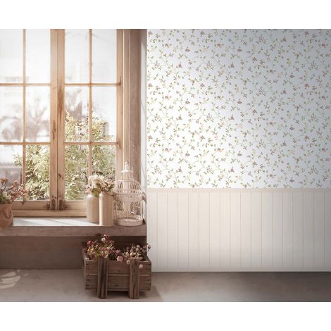 Papier peint à fleurs Papier peint en Vlies floral de style campagne, idéal pour salon, papier peint vintage avec lambris (1/4)