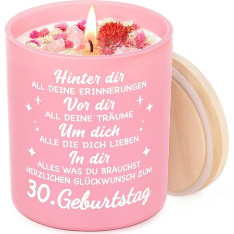 Duftkerze 30. Geburtstag Frau mit Lavendelduft und Kristallen