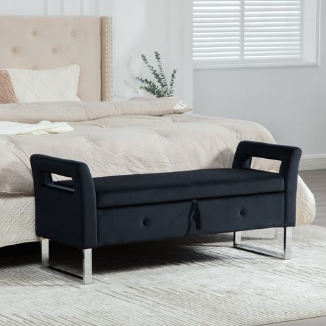 Pouf contenitore in velluto con braccioli per soggiorno, ingresso e camera da letto, nero
