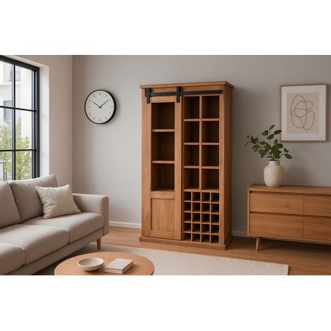 Wein-Highboard 90 x 45 x 180 cm Akazienholz massiv naturfarben ohne Baumkante LIAN 1 (1/5)