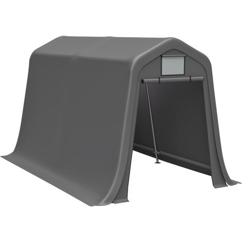 Abri de rangement 366x213x225cm avec toit pointu – matériau PE imperméable avec fenêtre d’aération, résistant aux UV et au vent, avec piquets en L pour motos et outils de jardin (1/5)