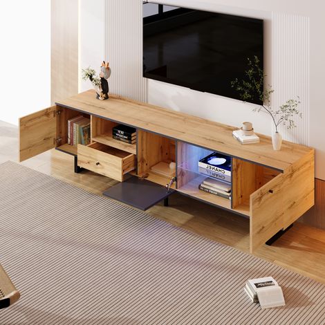 Hauss Spole – Meuble TV marron LED 80 pouces – 3 portes, 1 tiroir, étagère en verre – Dimensions 190×40×50cm – Design industriel élégant (1/5)