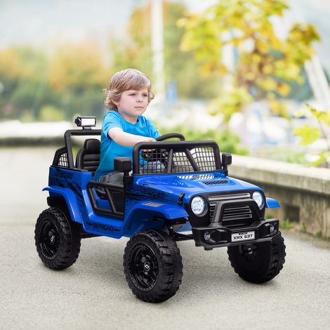 Coche eléctrico infantil con suspensión suave, control remoto, luces LED, claxon, motor de 12 V, fabricado en plástico y metal, color azul.