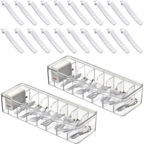 Scatola per la gestione dei cavi in 2 pezzi, con 8 scomparti e 20 fascette in plastica trasparente, per riporre i cavi sulla scrivania, in ufficio e a casa (26 × 10 × 6 cm) (Trasparente) (1/5)
