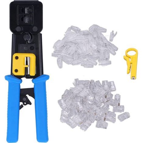 Kit de sertissage RJ45/RJ11 pour connecteurs traversants avec 50 connecteurs traversants Cat5/5e, 50 serre-câbles transparents et lames supplémentaires