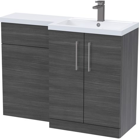 Balterley Right-Hand Bathroom Vanity and WC Unit Combination, Basin - 1100mm - Woodgrain Anthracite, Brushed Pewter Handles (1/5)