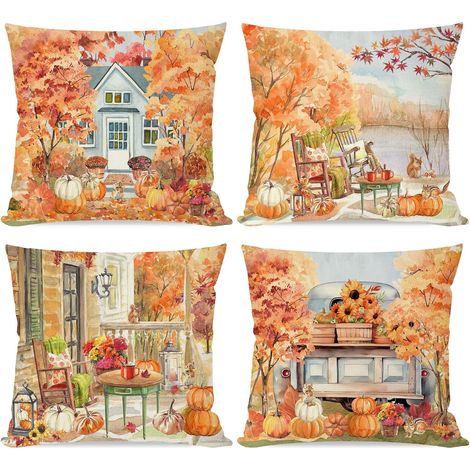 Lot de 4 housses de coussin décoratives d'automne 45 x 45 cm - Motif paysage automnal avec arbres, citrouilles et camion - Housses de coussin d'extérieur/intérieur pour porche, entrée, maison rustique (1/5)