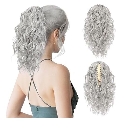 Extension de queue de cheval,Extension de queue de cheval courte à pince - Extension de cheveux naturels synthétiques ondulés et bouclés pour femme (mélange de gris/argent (1/5)