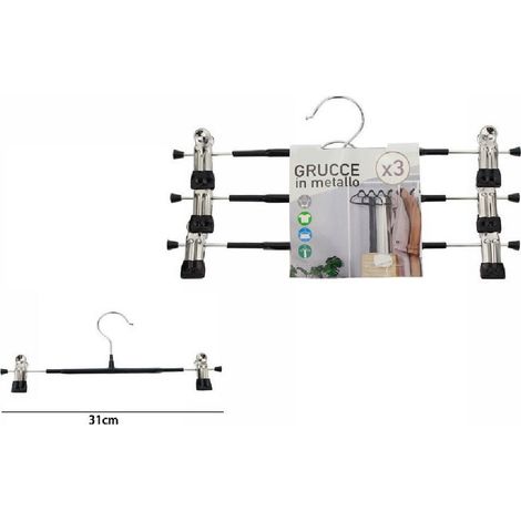TRADE SHOP - Set Di 3 Pz Grucce Gruccia In Metallo Nera Con Clip 31cm Vestiti Pantaloni 67620 -