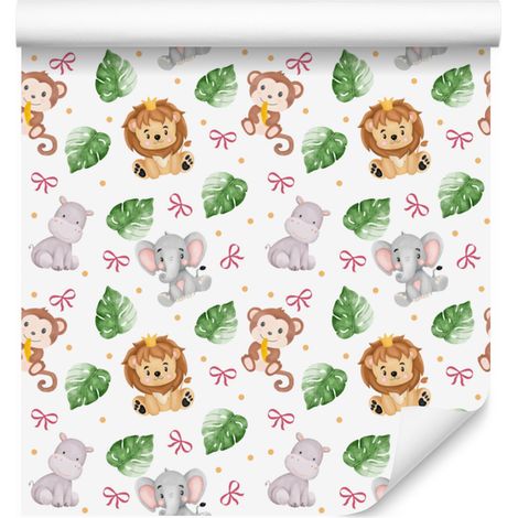 Papier peint animaux blanc, gris clair et vert 50x1000 cm (1/5)