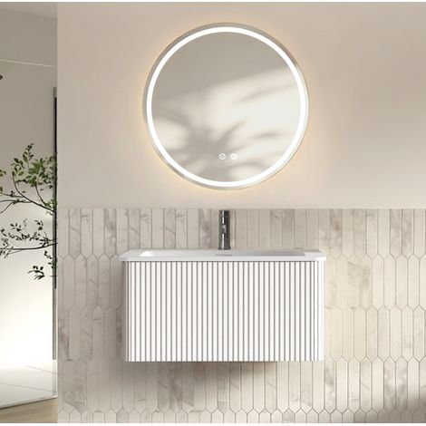 Mueble de baño mural con lavabo y espejo, blanco, 80 cm HAVRYA (1/5)