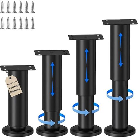 4pcs Pieds de Lit Ajustables, 4.7-7inch 12-18cm Pieds de Table, Pieds de Meuble Rétractables, Noir Support Pied Sommier D’Armoire pour Lit/Table/ Armoires/Chaise/Canapé (12-18cm) (1/5)