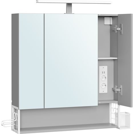 Armoire Murale 3 Portes, avec Miroir, Multiprise, Panier Suspendu, Support pour Sèche-cheveux, pour Salle de Bain, Lavabo, Gris (1/5)