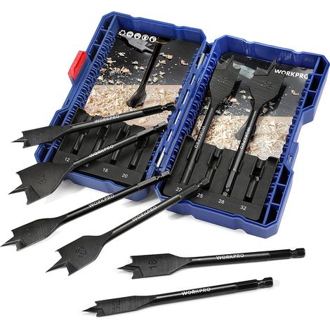 Workpro – Mèche à bois plate 8 pièces – Tige hexagonale 1/4’’ – Acier au carbone – Tailles Ø12 à 32 mm – Longueur 150 mm – Coupe nette rapide (1/5)