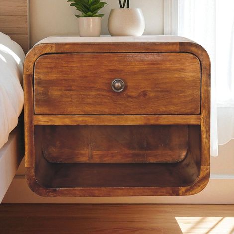 Table de chevet suspendue bois massif 1 tiroir niche ouverte gain de place chambre marron foncé