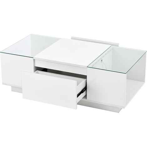 ELVMI Tavolino da salotto con 2 Cassetti, Vani aperti e LED, Piano in Vetro, per Soggiorno, Bianco (1/4)