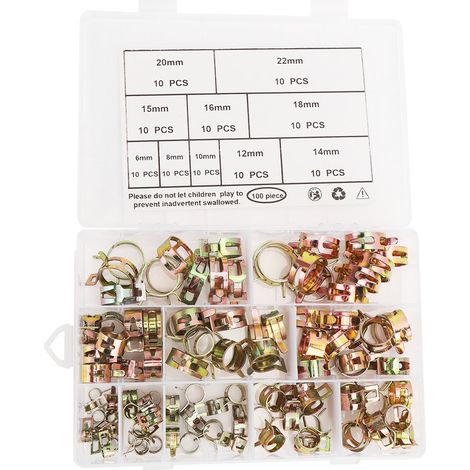 Kit de 100 colliers de serrage pour tuyaux, assortiment galvanisé 6/8/10/12/14/15/16/18/20/22mm (1/5)