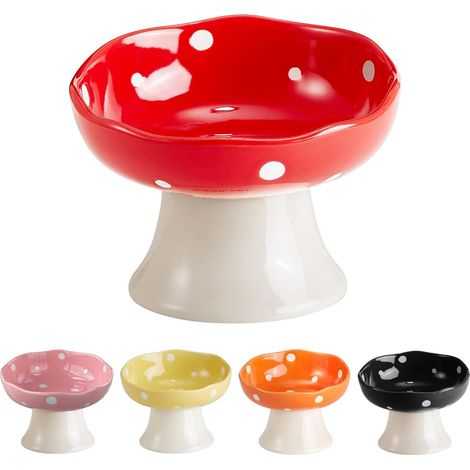 Bol surélevé incliné en céramique pour chat, gamelle anti-vomissement, respectueuse des moustaches, rouge (1/5)