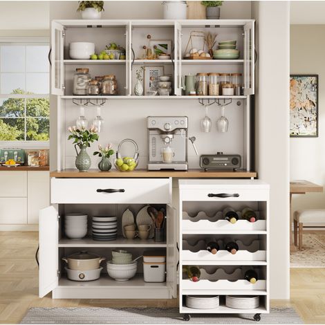 Mobile cucina 140 cm con carrello a rotelle, LED, portabottiglie, bianco DESVIAE (1/5)