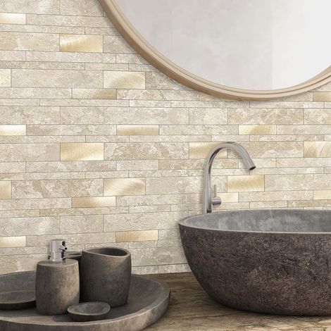 Carreaux de mosaïque linéaires imperméables à décoller et à coller pour dosseret de cuisine (10 carreaux, beige)