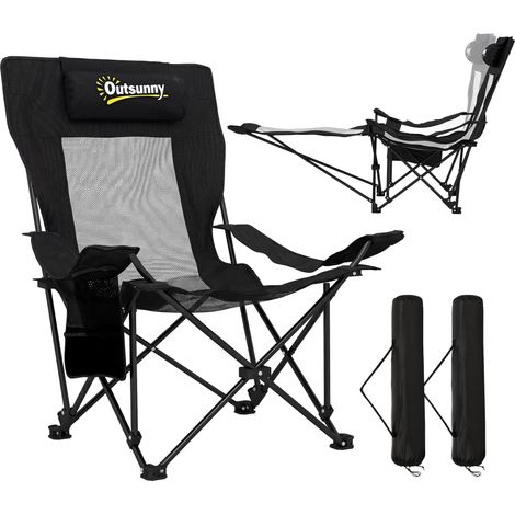Ensemble de 2 chaises de camping pliantes et inclinables avec repose-pieds, appui-tête, porte-gobelet et sac amovibles - Noir (1/5)