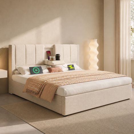 Polsterbett 140x200 mit Stauraum, Ladestation, versteckten Becherhaltern, Beige HAVRYA (1/5)