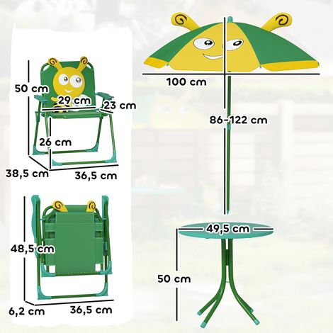 Ensemble de mobilier de jardin pour enfants, chaises, table, parasol, motif abeille, vert et jaune (1/5)