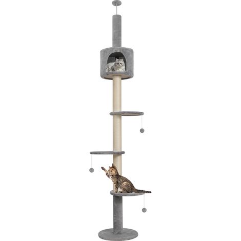 Floor to Ceiling Cat Tree, 4-Tier Cat Tower, 220-260cm Height Adjustable, Climbing Activity Center, with Scratching Post, Cozy Condo, Hanging Balls, Grey (1/5)