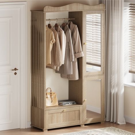 Ensemble vestiaire d'entrée - Avec miroir et étendoir ouvert - 1 tiroir et 2 portes - MDF - Couleur chêne