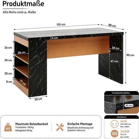 MEUBLIV Kücheninsel 155x80x90 cm schwarz – LED, USB-Anschlüsse und offene Fächer (1/5)
