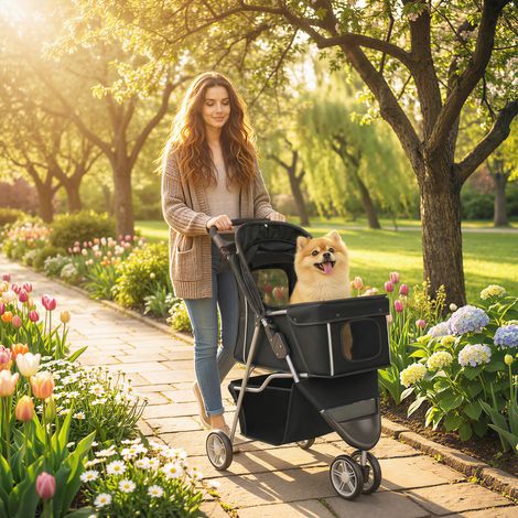 Noire 77x44x102 cm - Petit chariot pour chiens doté de panier de rangement, fenêtres en treillis et ceinture de sécurité