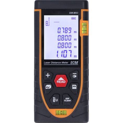 Télémètre laser SW-M80, instrument de mesure infrarouge haute précision, écran LCD rétroéclairé HD avec fonctions surface/volume/théorème de Pythagore (pile adaptée fournie) (1/5)